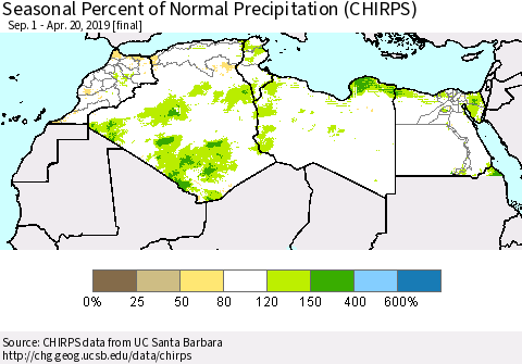 North Africa Seasonal Percent of Normal Precipitation (CHIRPS) Thematic Map For 9/1/2018 - 4/20/2019