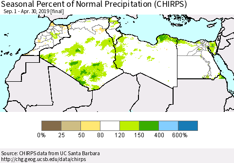 North Africa Seasonal Percent of Normal Precipitation (CHIRPS) Thematic Map For 9/1/2018 - 4/30/2019