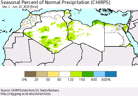 North Africa Seasonal Percent of Normal Precipitation (CHIRPS) Thematic Map For 9/1/2018 - 6/10/2019