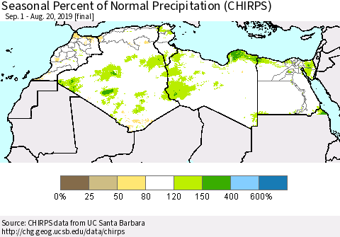 North Africa Seasonal Percent of Normal Precipitation (CHIRPS) Thematic Map For 9/1/2018 - 8/20/2019