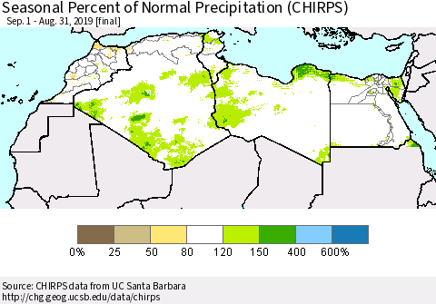 North Africa Seasonal Percent of Normal Precipitation (CHIRPS) Thematic Map For 9/1/2018 - 8/31/2019