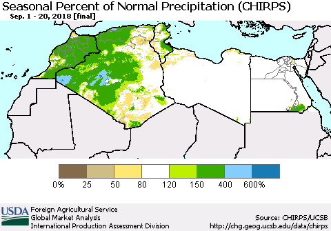 North Africa Seasonal Percent of Normal Precipitation (CHIRPS) Thematic Map For 9/1/2018 - 9/20/2018