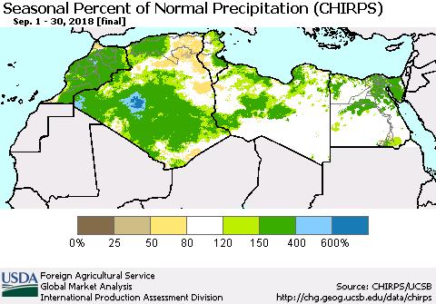 North Africa Seasonal Percent of Normal Precipitation (CHIRPS) Thematic Map For 9/1/2018 - 9/30/2018