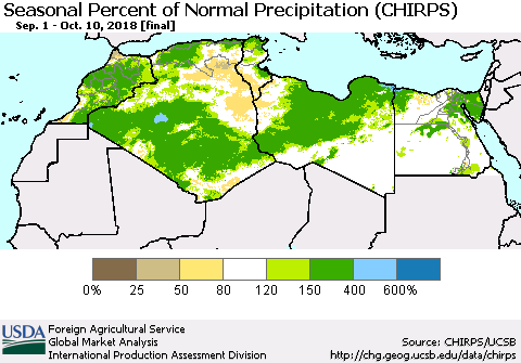 North Africa Seasonal Percent of Normal Precipitation (CHIRPS) Thematic Map For 9/1/2018 - 10/10/2018