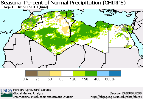 North Africa Seasonal Percent of Normal Precipitation (CHIRPS) Thematic Map For 9/1/2018 - 10/20/2018