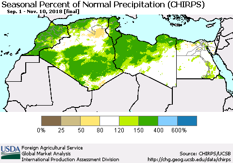 North Africa Seasonal Percent of Normal Precipitation (CHIRPS) Thematic Map For 9/1/2018 - 11/10/2018