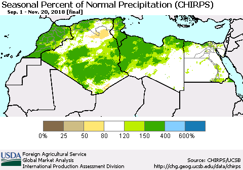North Africa Seasonal Percent of Normal Precipitation (CHIRPS) Thematic Map For 9/1/2018 - 11/20/2018