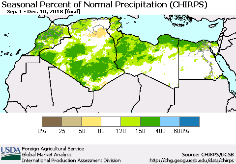 North Africa Seasonal Percent of Normal Precipitation (CHIRPS) Thematic Map For 9/1/2018 - 12/10/2018