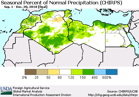 North Africa Seasonal Percent of Normal Precipitation (CHIRPS) Thematic Map For 9/1/2018 - 12/20/2018