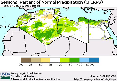 North Africa Seasonal Percent of Normal Precipitation (CHIRPS) Thematic Map For 9/1/2018 - 12/31/2018
