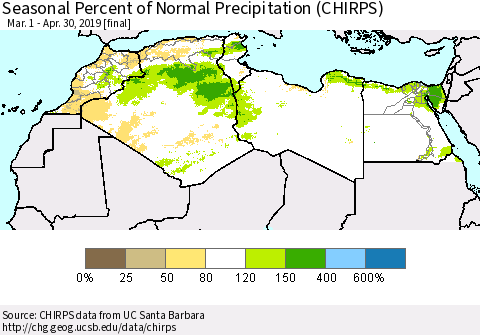 North Africa Seasonal Percent of Normal Precipitation (CHIRPS) Thematic Map For 3/1/2019 - 4/30/2019