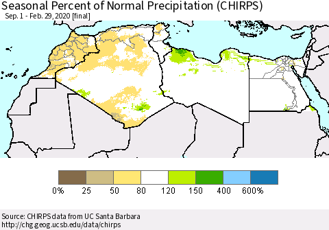 North Africa Seasonal Percent of Normal Precipitation (CHIRPS) Thematic Map For 9/1/2019 - 2/29/2020