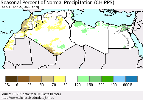 North Africa Seasonal Percent of Normal Precipitation (CHIRPS) Thematic Map For 9/1/2019 - 4/20/2020