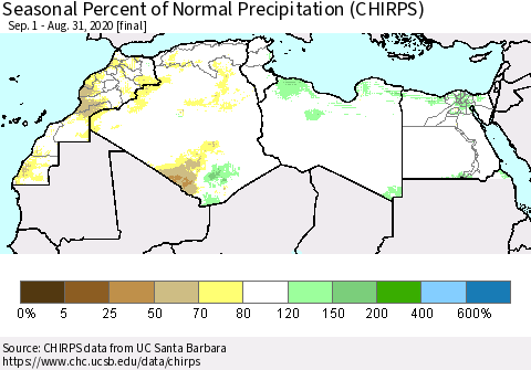 North Africa Seasonal Percent of Normal Precipitation (CHIRPS) Thematic Map For 9/1/2019 - 8/31/2020