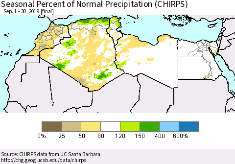 North Africa Seasonal Percent of Normal Precipitation (CHIRPS) Thematic Map For 9/1/2019 - 9/30/2019