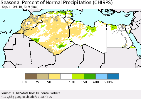 North Africa Seasonal Percent of Normal Precipitation (CHIRPS) Thematic Map For 9/1/2019 - 10/10/2019
