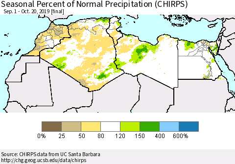North Africa Seasonal Percent of Normal Precipitation (CHIRPS) Thematic Map For 9/1/2019 - 10/20/2019