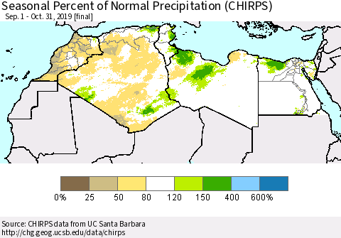 North Africa Seasonal Percent of Normal Precipitation (CHIRPS) Thematic Map For 9/1/2019 - 10/31/2019