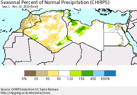 North Africa Seasonal Percent of Normal Precipitation (CHIRPS) Thematic Map For 9/1/2019 - 11/10/2019