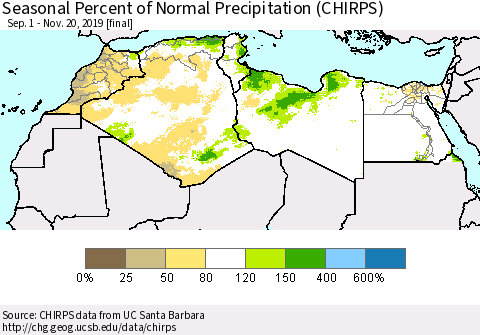 North Africa Seasonal Percent of Normal Precipitation (CHIRPS) Thematic Map For 9/1/2019 - 11/20/2019