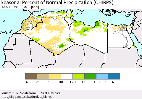 North Africa Seasonal Percent of Normal Precipitation (CHIRPS) Thematic Map For 9/1/2019 - 12/10/2019