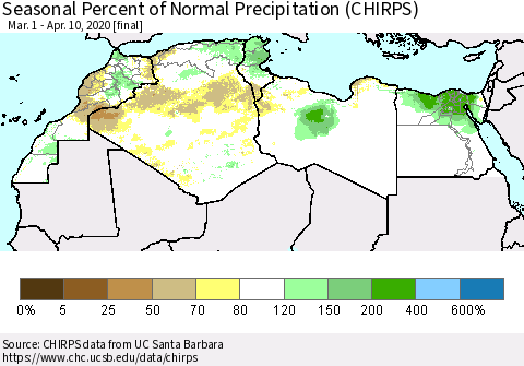 North Africa Seasonal Percent of Normal Precipitation (CHIRPS) Thematic Map For 3/1/2020 - 4/10/2020