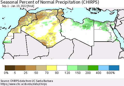 North Africa Seasonal Percent of Normal Precipitation (CHIRPS) Thematic Map For 9/1/2021 - 1/10/2022