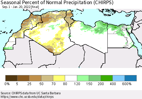 North Africa Seasonal Percent of Normal Precipitation (CHIRPS) Thematic Map For 9/1/2021 - 1/20/2022