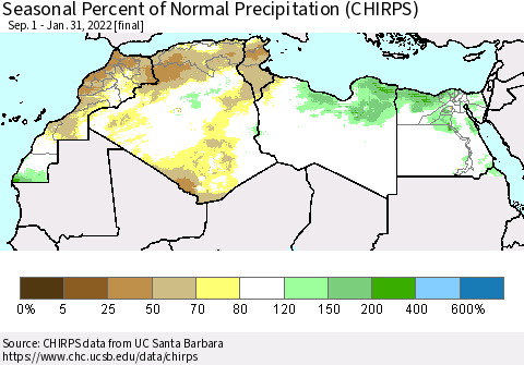 North Africa Seasonal Percent of Normal Precipitation (CHIRPS) Thematic Map For 9/1/2021 - 1/31/2022