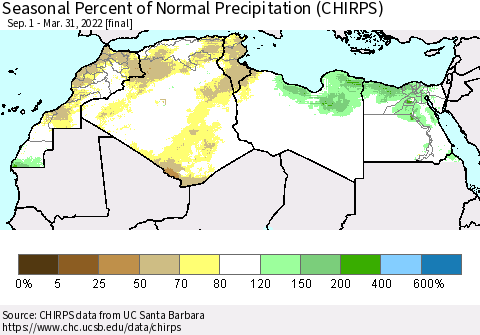 North Africa Seasonal Percent of Normal Precipitation (CHIRPS) Thematic Map For 9/1/2021 - 3/31/2022