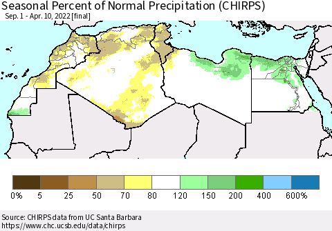 North Africa Seasonal Percent of Normal Precipitation (CHIRPS) Thematic Map For 9/1/2021 - 4/10/2022