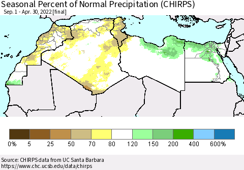 North Africa Seasonal Percent of Normal Precipitation (CHIRPS) Thematic Map For 9/1/2021 - 4/30/2022