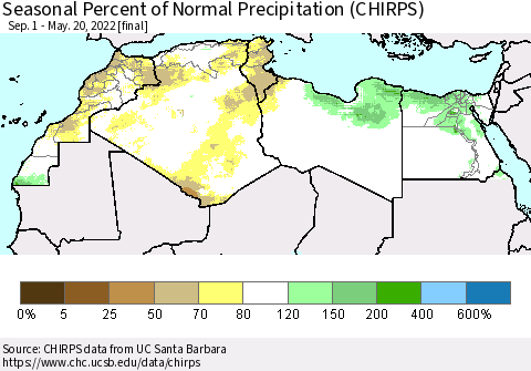 North Africa Seasonal Percent of Normal Precipitation (CHIRPS) Thematic Map For 9/1/2021 - 5/20/2022