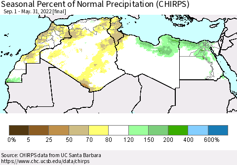 North Africa Seasonal Percent of Normal Precipitation (CHIRPS) Thematic Map For 9/1/2021 - 5/31/2022