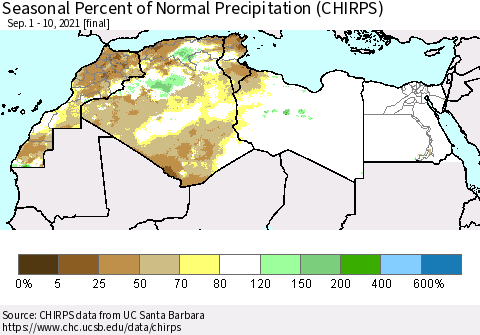 North Africa Seasonal Percent of Normal Precipitation (CHIRPS) Thematic Map For 9/1/2021 - 9/10/2021