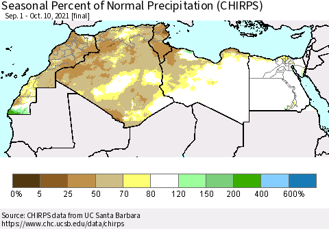 North Africa Seasonal Percent of Normal Precipitation (CHIRPS) Thematic Map For 9/1/2021 - 10/10/2021
