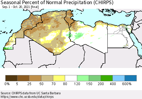North Africa Seasonal Percent of Normal Precipitation (CHIRPS) Thematic Map For 9/1/2021 - 10/20/2021