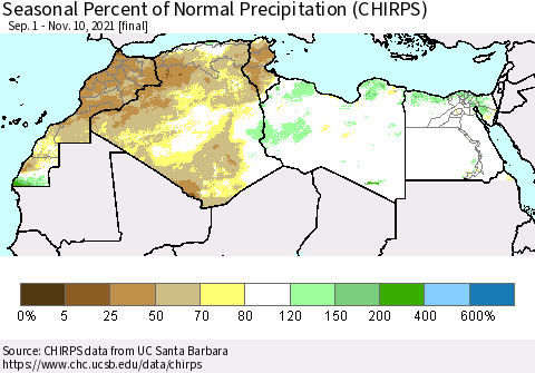 North Africa Seasonal Percent of Normal Precipitation (CHIRPS) Thematic Map For 9/1/2021 - 11/10/2021