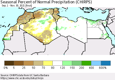 North Africa Seasonal Percent of Normal Precipitation (CHIRPS) Thematic Map For 9/1/2021 - 11/30/2021