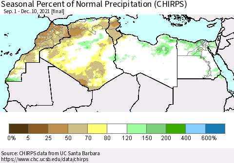 North Africa Seasonal Percent of Normal Precipitation (CHIRPS) Thematic Map For 9/1/2021 - 12/10/2021