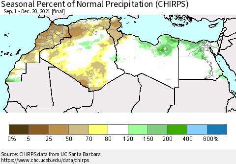 North Africa Seasonal Percent of Normal Precipitation (CHIRPS) Thematic Map For 9/1/2021 - 12/20/2021