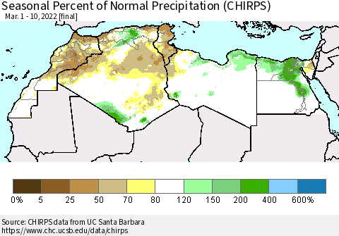 North Africa Seasonal Percent of Normal Precipitation (CHIRPS) Thematic Map For 3/1/2022 - 3/10/2022
