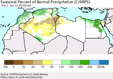 North Africa Seasonal Percent of Normal Precipitation (CHIRPS) Thematic Map For 3/1/2022 - 4/10/2022