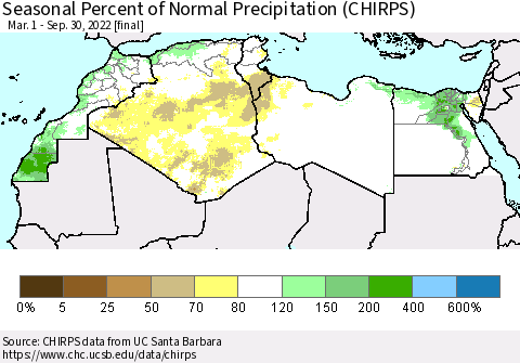 North Africa Seasonal Percent of Normal Precipitation (CHIRPS) Thematic Map For 3/1/2022 - 9/30/2022