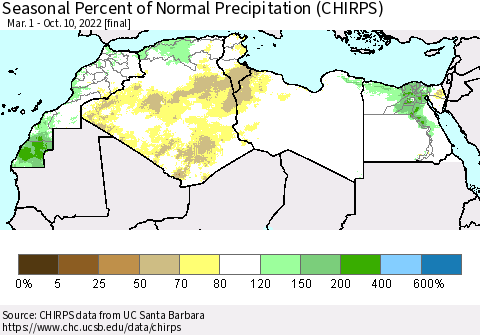 North Africa Seasonal Percent of Normal Precipitation (CHIRPS) Thematic Map For 3/1/2022 - 10/10/2022