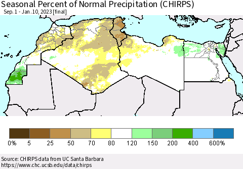 North Africa Seasonal Percent of Normal Precipitation (CHIRPS) Thematic Map For 9/1/2022 - 1/10/2023