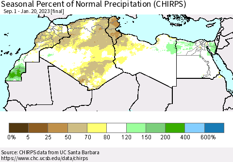 North Africa Seasonal Percent of Normal Precipitation (CHIRPS) Thematic Map For 9/1/2022 - 1/20/2023