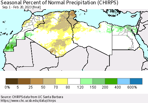 North Africa Seasonal Percent of Normal Precipitation (CHIRPS) Thematic Map For 9/1/2022 - 2/20/2023