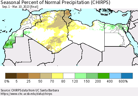 North Africa Seasonal Percent of Normal Precipitation (CHIRPS) Thematic Map For 9/1/2022 - 3/10/2023