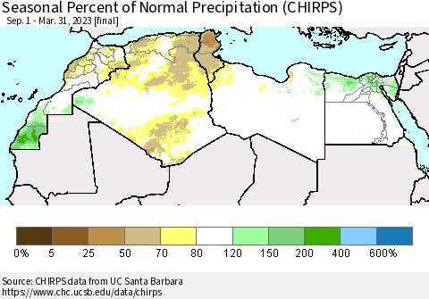 North Africa Seasonal Percent of Normal Precipitation (CHIRPS) Thematic Map For 9/1/2022 - 3/31/2023
